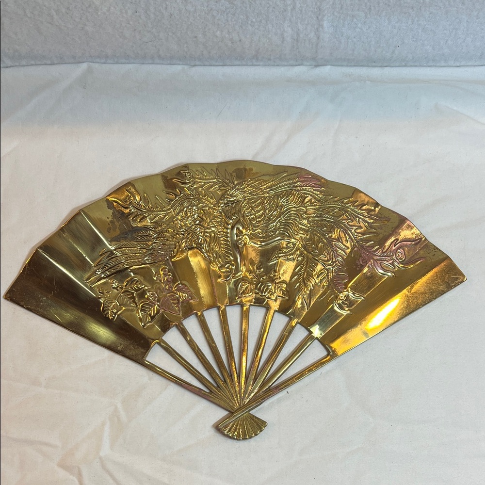 VTG Solid brass Wall Hanging Accent Decorative Fan Asian Phoenix  11.5 x 7